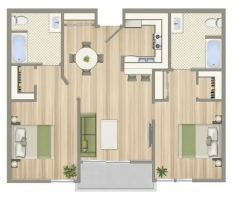 Floor plan for 2 beds, 1 bath, 906 sqft